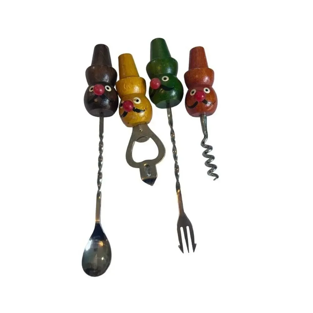 Wooden Men Faces Bar Set Tools Bottle Opener Stirrer Corkscrew Olive Fork Vintag